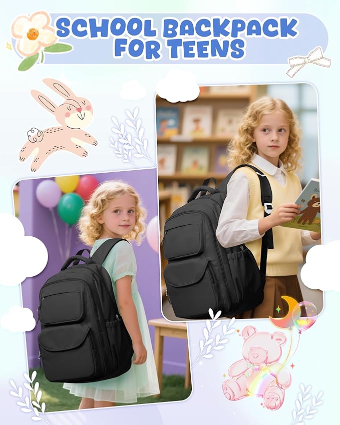 Backpack for Girls,Kids School Backpack Girls Cute Kindergarten Elementary Preschool Middle School Bags Kids Teens Aesthetic Bookbag Kawaii Backpacks Student Daypack Black