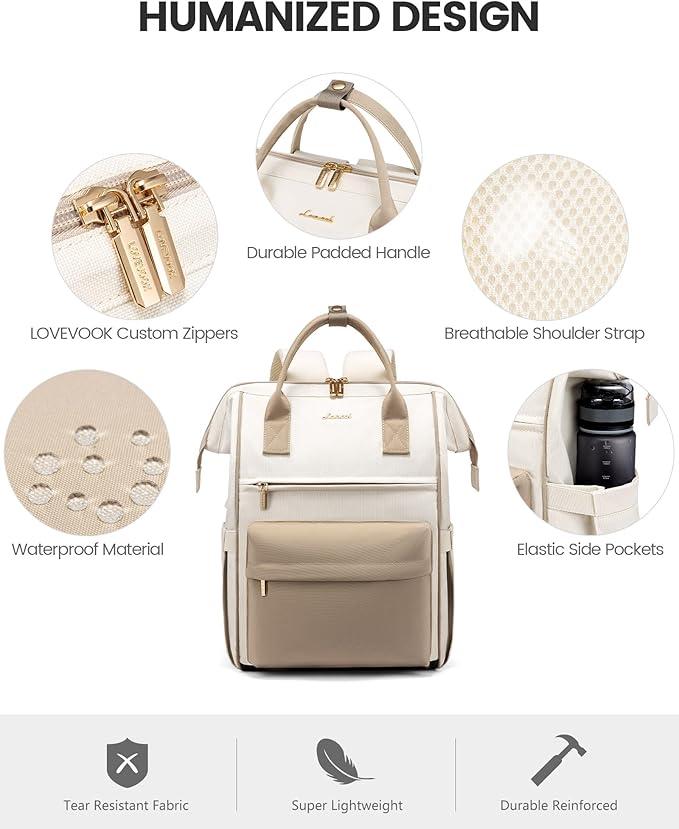 LOVEVOOK Laptop Backpack for Women 15.6 Inch, Travel Backpack with USB Charging Port Large Capacity Laptop Bag, Waterproof Bag for Business College Airline Approved Work Backpack(Beige)