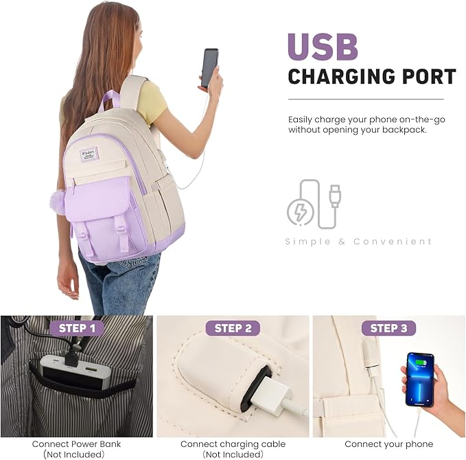 School Backpack for Teen Girls, Cute College Backpacks for Women Students Aesthetic Bookbag Large 15.6 Inch Laptop Bag Middle School Travel Back Pack (Purple Beige)