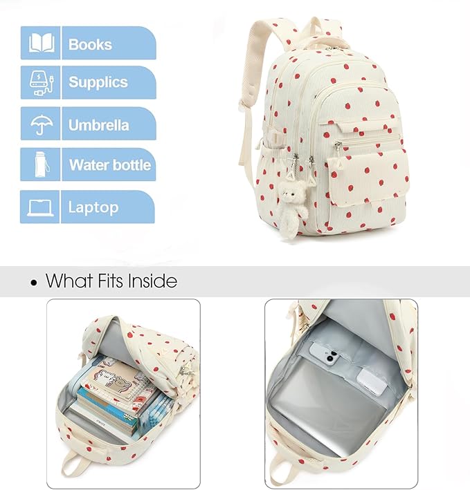 Girls Backpack for College High Middle School Student, Cute Aesthetic Bookbag for Teens Women with Accessories, Beige Strawberry