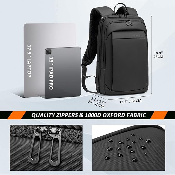 FENRUIEN Tech Backpack for Men, Expandable Backpack with USB C Charging Port, Water Resistant 17.3 Laptop Backpack, Black