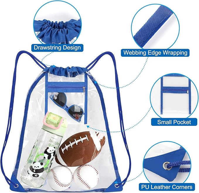 Clear Drawstring Bags, Transparent Storage Backpack for Stadium Approved,2 pieces, Concert Baseball Festival Beach Makeup Bag (1, Blue)