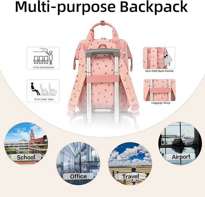 Corduroy Laptop Backpack for Women 15.6 Inch Stylish College School Bookbag, Business Work & Travel Computer Backpacks (Cherry Pink)
