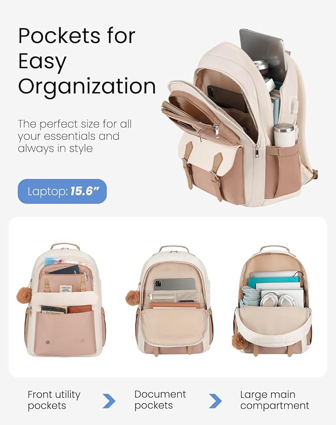 School Backpack for Teen Girls, Cute Laptop Bookbag 17.3in for Women College Students Aesthetic Schoolbag Middle High School Travel Mochilas Niñas, Khaki Beige