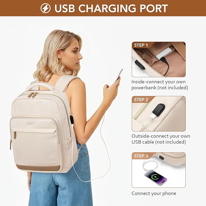Laptop Backpack for Women,Travel Backpack with Laptop Compartment,Casual Daypack College Bookbag Computer Work Backpack,Beige