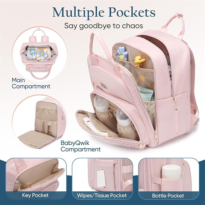 Extra Large Diaper Bag Backpack - Diaper Bag for 2 Kids Twins (Expandable 30L-38L) - Cute Travel Baby Backpack with Changing Pad for women (Pink, Water Resistant)