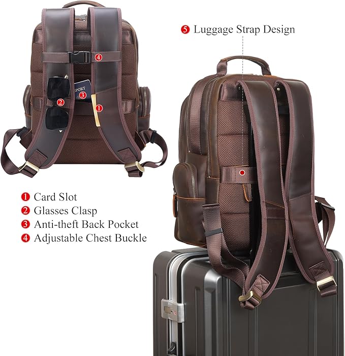 TIDING Vintage Full Grain Leather 15.6 Inch Laptop Backpack for Men Large Capacity Travel Rucksack Weekender Camping Daypacks