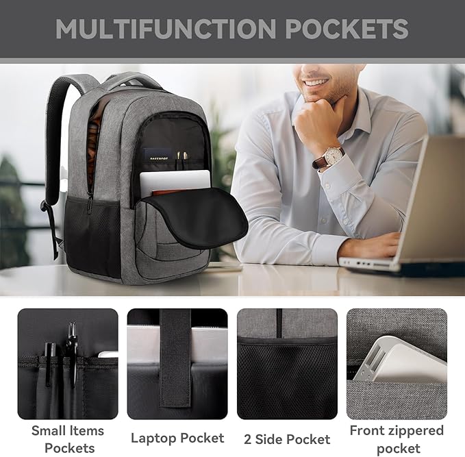 Travel Backpack, 17 Inch Laptop Backpack Airline Approved, Business Anti Theft Slim Sturdy Work Computer College High School Backpack Bag Fits 17.3 Inch Notebook for Men Women, Grey