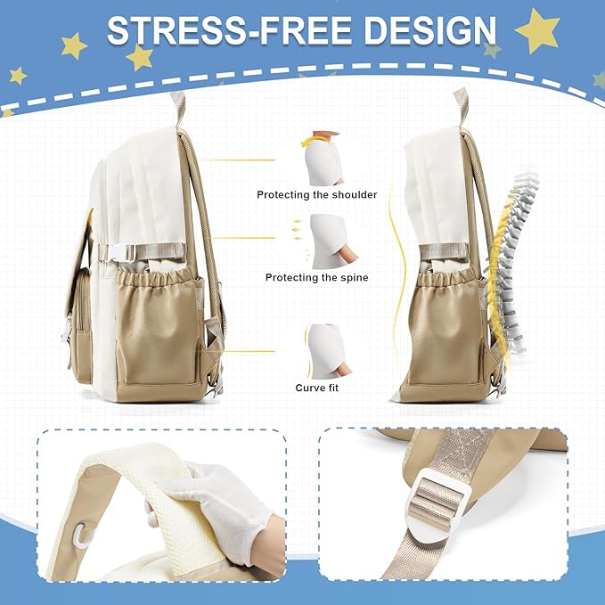 Lightweight Waterproof Backpack for Women Men Large Capacity College School Bag with Luggage Straps Multiple Pockets Durable High School Bookbag, Casual Daypacks for Students Girls Boys(Beige & khaki)