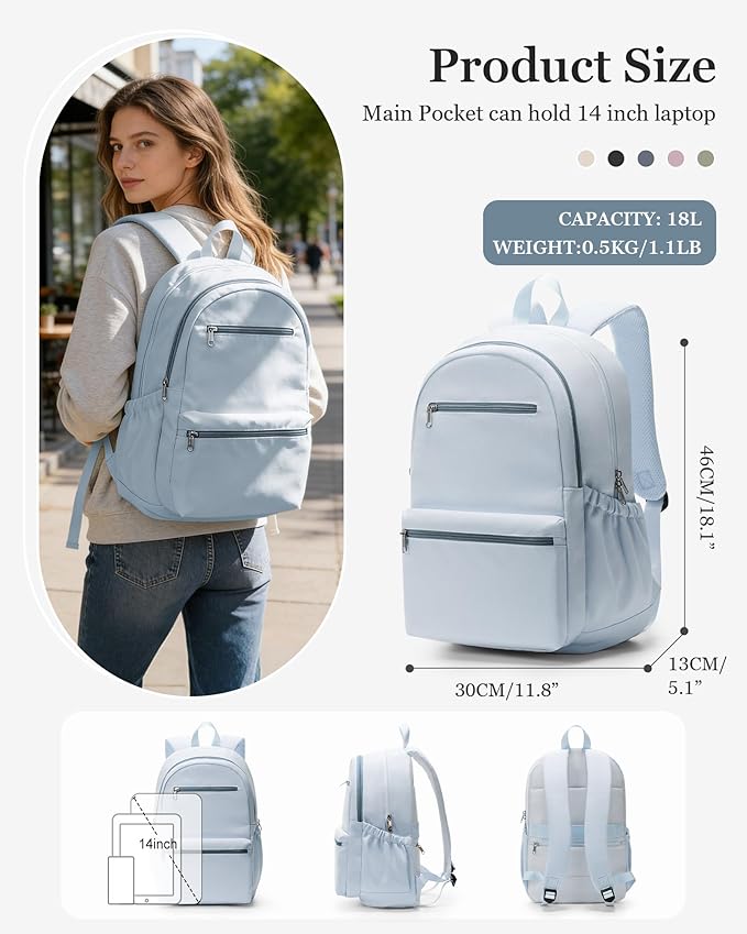 Lightweight School Backpack for Women Men, Multi Pocket Backpack for College Students, Waterproof Middle School Bags, Simple Bookbag for Teens Girls Boys, Blue