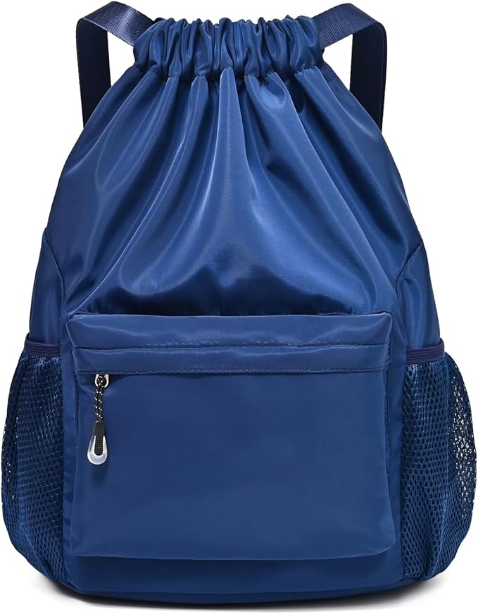 Drawstring Backpack for Women, Waterproof Drawstring Gym Bag for Men, Small Cinch Sack for Basketball, Pull String Sport Bag for Soccer. (Deep Blue)