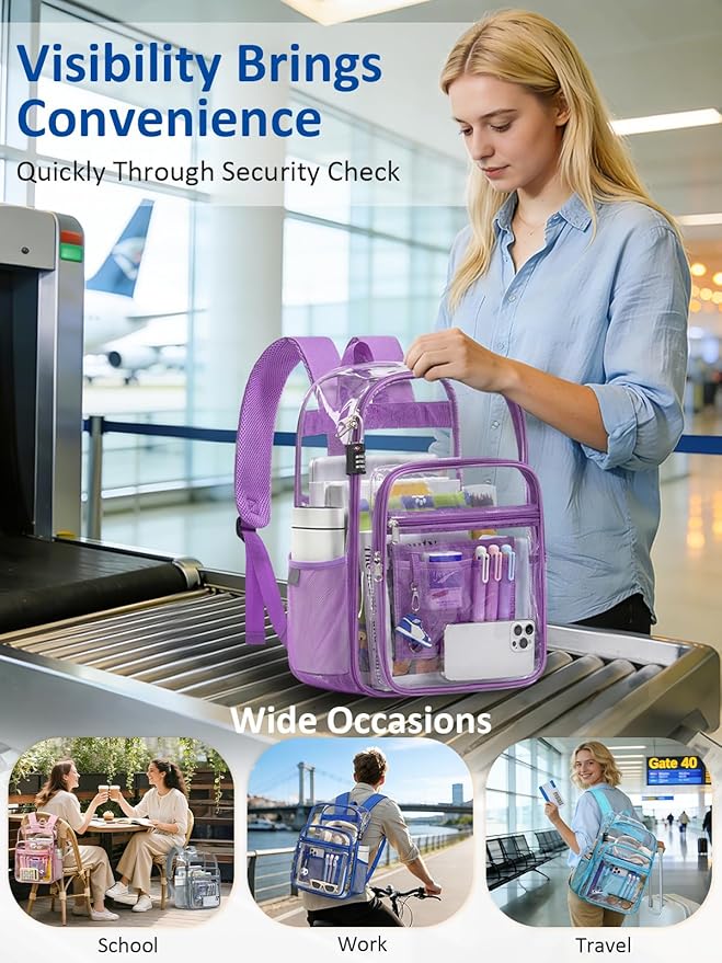 Extra Large Clear Backpack with TSA Lock, Heavy Duty Transparent See Through Clear Bookbag for College, Work, Travel, Casual Sport, Purple