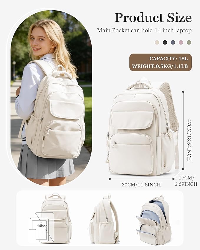 weradar School Backpack for Women Men Cute Backpack for College Students Lightweight High School bag for Teens Girls Boys Waterproof Casual Daypacks Bookbag(Beige)