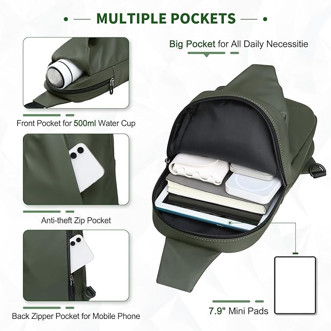 Small Sling Bag, Waterproof Nylon 7.9 Inch Crossbody Chest Bags Daypack Backpack with Anti-theft Pocket for Men Women (Dark Green)