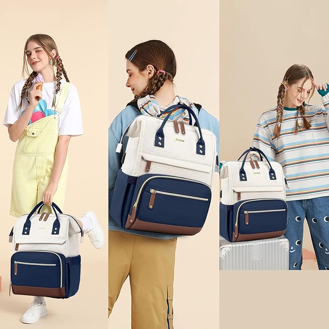 Laptop Backpack for Womem Work Bags: 17.3 Inch Travel BackPacks With USB Charging Port Anti Theft Fashion College BookBag Durable Back Pack Purse Bussiness Daypack for Nurse Teacher Navy Beige