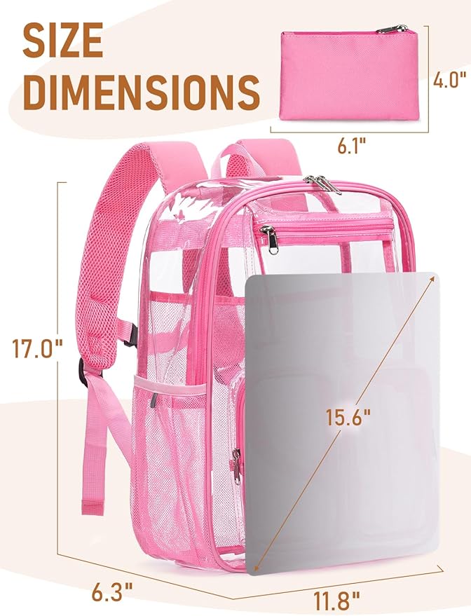 Large Clear Backpack Heavy Duty for Women Men Boys Girls, Clear Bookbag for School, 17 Inch Transparent Backpack with Accessories for Work Casual Sport, pink