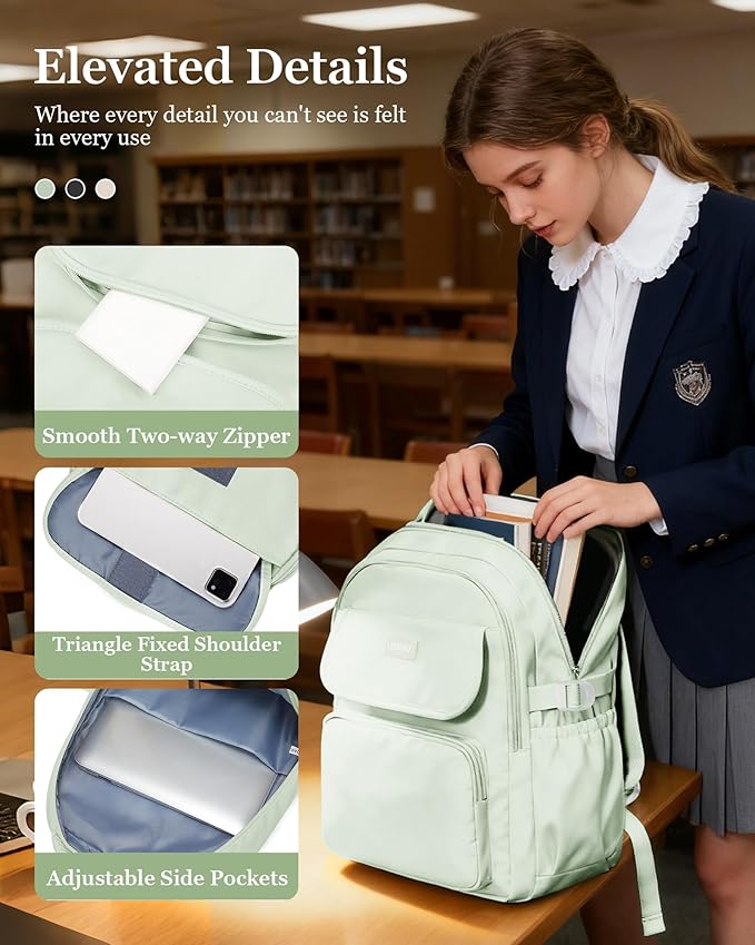 Aesthetic College Backpacks For Women Men,Waterproof High School Back pack,Kawaii Backpack For Teens Girls Boys,Student Latop Travel Backpack(Mint Green)