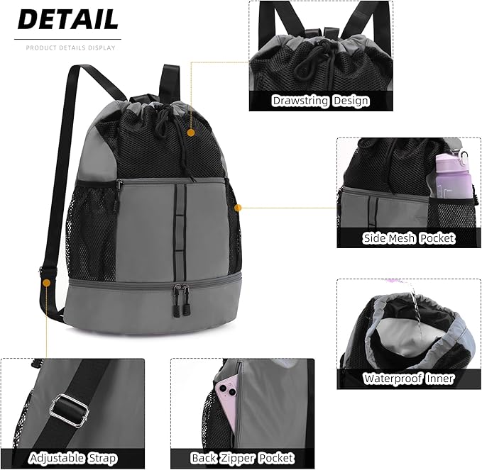 Valleycomfy Drawstring Gym Bag Sports Backpack With Shoe Compartment and Reflective Strips Grey