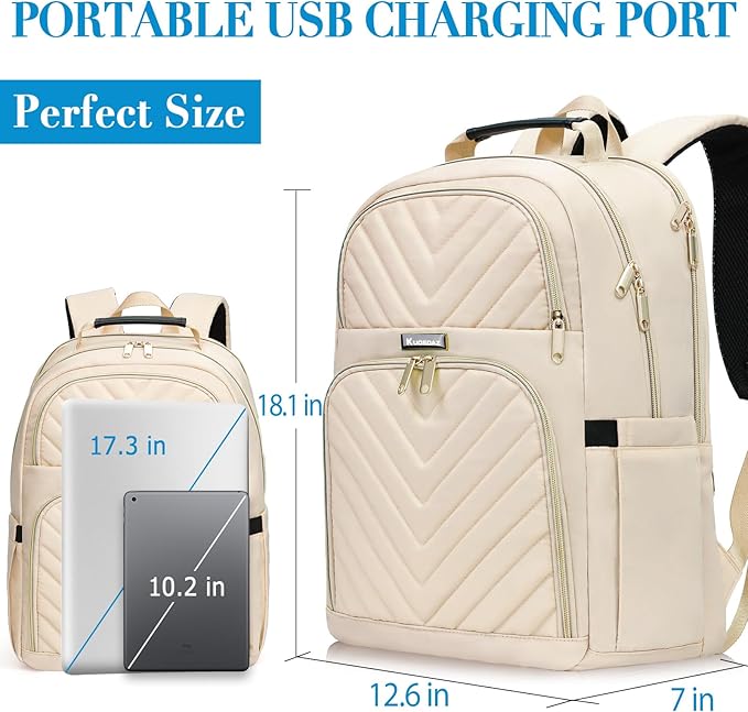 Travel Laptop Backpack for Women, 15.6 Inch Quilted Work Backpack Purse with USB Charging Port, School Backpack for Teens Girls Boys, Large Anti-theft Teacher Student Bookbags, Casual Daypacks, Beige