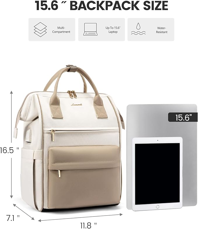 LOVEVOOK Laptop Backpack for Women 15.6 Inch, Travel Backpack with USB Charging Port Large Capacity Laptop Bag, Waterproof Bag for Business College Airline Approved Work Backpack(Beige)