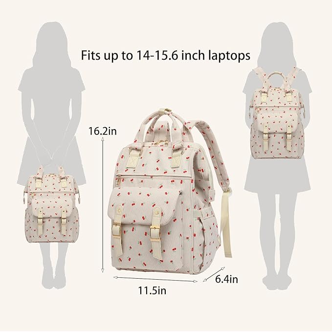 Corduroy Laptop Backpack for Women 15.6 Inch Stylish College School Bookbag, Business Work & Travel Computer Backpacks (Cherry Beige)