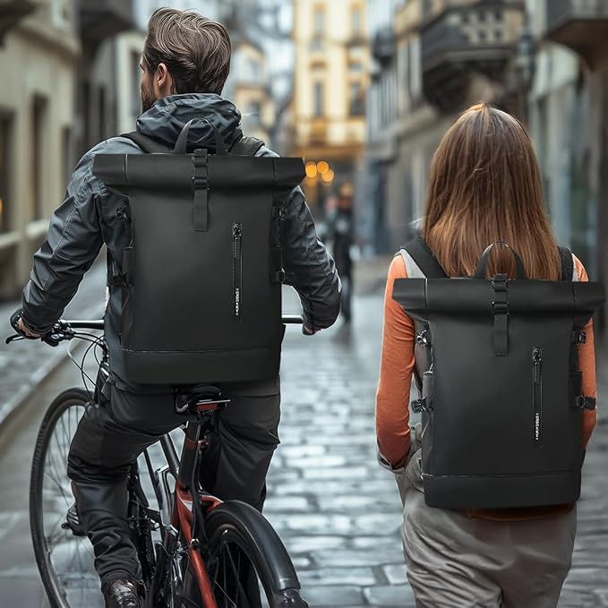 Rolltop Backpack, 15.6 Inch Waterproof Laptop Backpack with USB Charging Port, Expandable 18-27L Travel Backpack for Men Women, Casual Daypack for Work Business College-Black