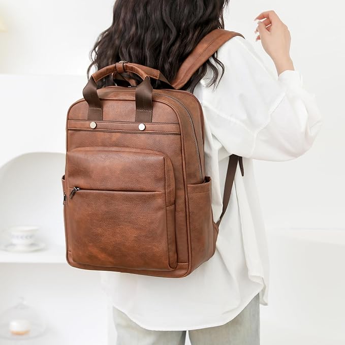 PU Leather Laptop Backpack Women for Travel | 17 Inch Laptop Bag for Women - Large Capacity Teacher Nurse Computer Bag for Work College School (Brown)