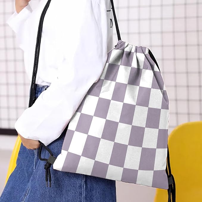 Drawstring Backpack Draw String Bag Waterproof for Sports Gym Beach Travel Cute Aesthetic Sackpack Men Women (13"×17")-Purple Checkered