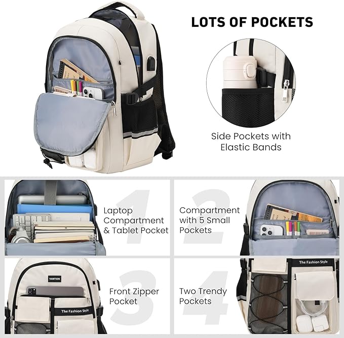 YAMTION Backpack for Teens,Laptop Backpack with USB Charging Port for Work,Casual College Back Pack School Bookbag for Boys Kids,Beige