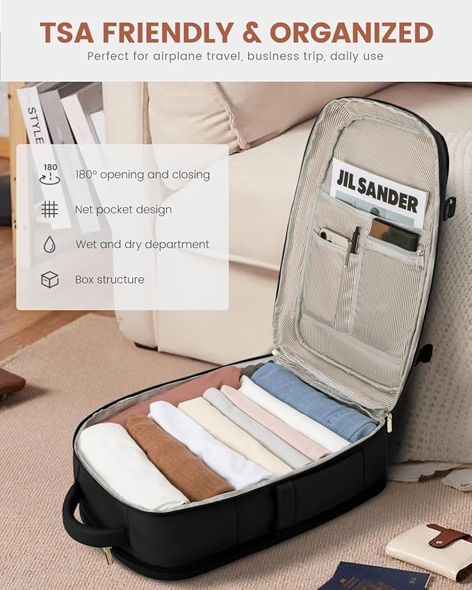 LOVEVOOK Travel Backpack for Women, 50L Carry On Backpack Flight Approved with Garment Bag, TSA Personal Item Travel Bag Fit 17 Inch Laptop, Business Weekender Waterproof Daypack With 2 Cubes, Black