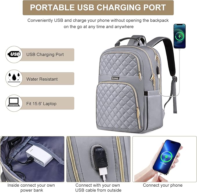Backpacks for Women, School Backpack for Teen Girls, 15.6 Inch Cute Quilted Laptop Backpack with USB Charging, Large Bookbag for Middle School College Students, Grey