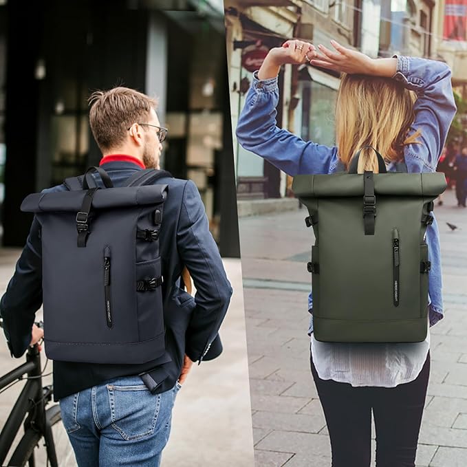 Roll Top Backpack, Waterproof Travel Backpack for Men Women, Expandable Casual Daypack for 15.6 Inch Laptop, Large Capacity Adjustable 18-27L Commute Laptop Backpack for Work Business College-Green