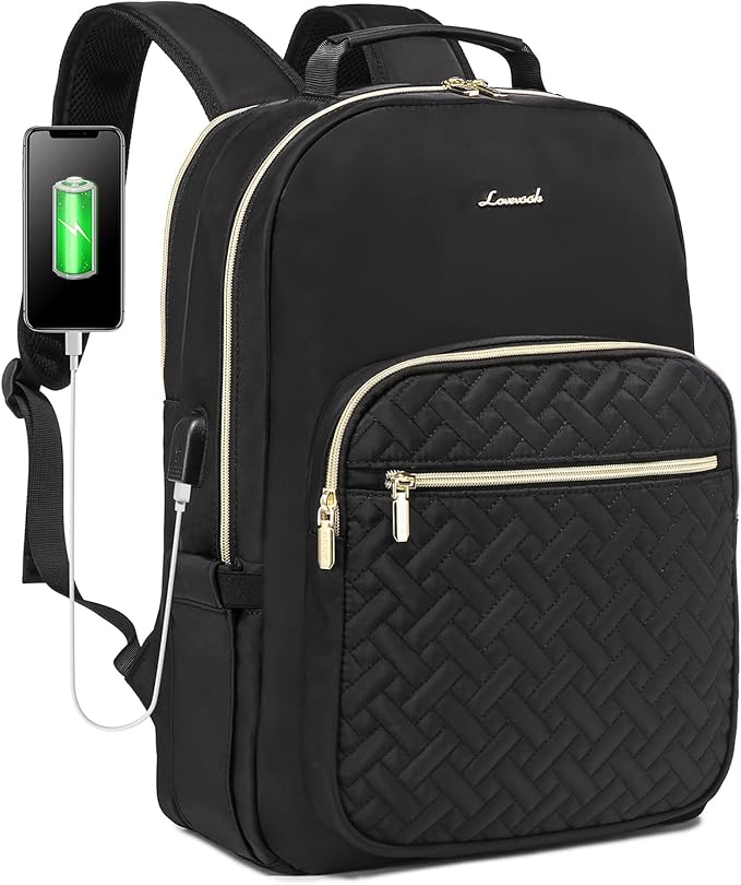 LOVEVOOK Laptop Backpack for Women, Stylish Quilted Backpacks Purse for Business Work Travel, Computer Bags Bag, with USB Port fits 15.6-inch Laptop, Black