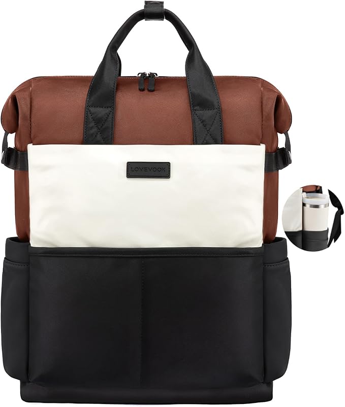 LOVEVOOK Laptop Backpack for Women, 15.6 Inch Work Travel Backpack Purse for School College Bookbag for Teen Girls Cute Computer Backpack for Teacher Nurse Business, Black-Beige