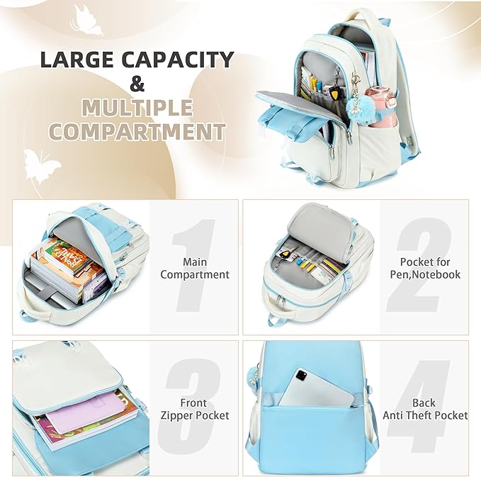 Backpacks for Girls,Laptop Bags for Women Men,3pcs Backpack with Lunch Bag Pencil Pouch Case for Teens Girl Kids Bookbag Elementary Middle School College Back Packs Student Daypack Blue Set
