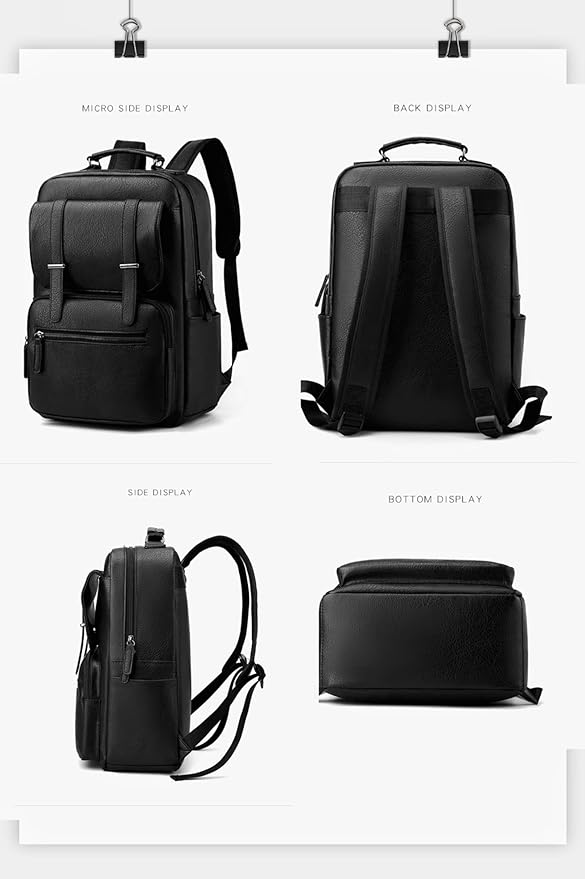 Business Men and Women PU Leather Backpack 15.6inch Laptop Waterproof Backpack Travel Commuter Lightweight schoolbag (Black backpack4,Large)