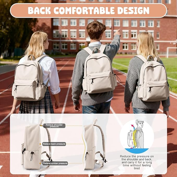 VECAVE School Backpack Beige Waterproof Bookbag Casual Lightweight Travel Rucksack Daypack Backpacks for Men Women College High School Bags backpack for Boys Girls Teens
