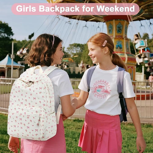 BTOOP School Backpack for Girls Teens Large Corduroy Bookbag Lightweight 15.6 inch Laptop Bag for Women Casual High School College (Pink Bow Floral)