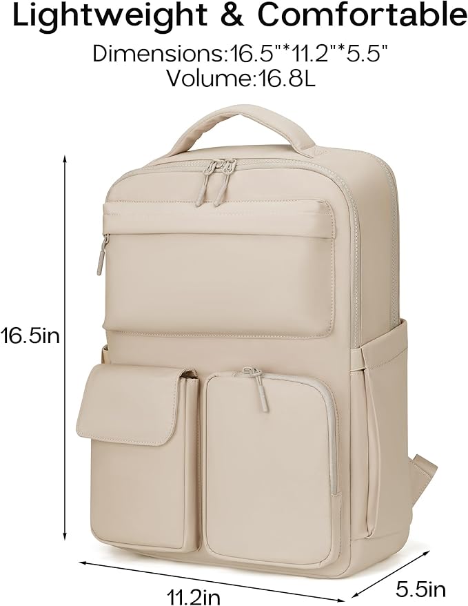 FODOKO Backpack for Work, Casual Backpack for Women Men Daypack Backpack for Travel College Bookbag Separate Compartment for 15.6 Inch Notebook Beige