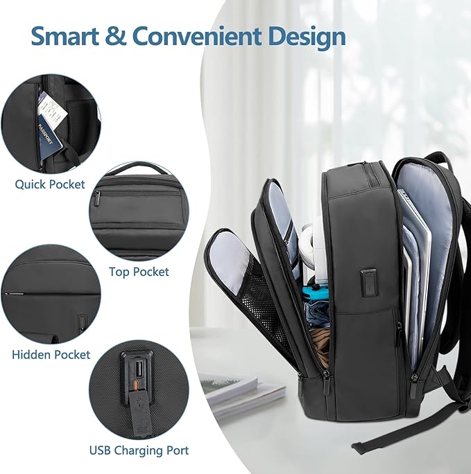 Backpack for Men Business Travel Laptop Backpack with USB Charger Lightweight Anti-Theft Water-Resistant Fits 15.6 Inch Laptop for Commute Travel Daily Work College with Small Bag (Black, 15.6MAX")