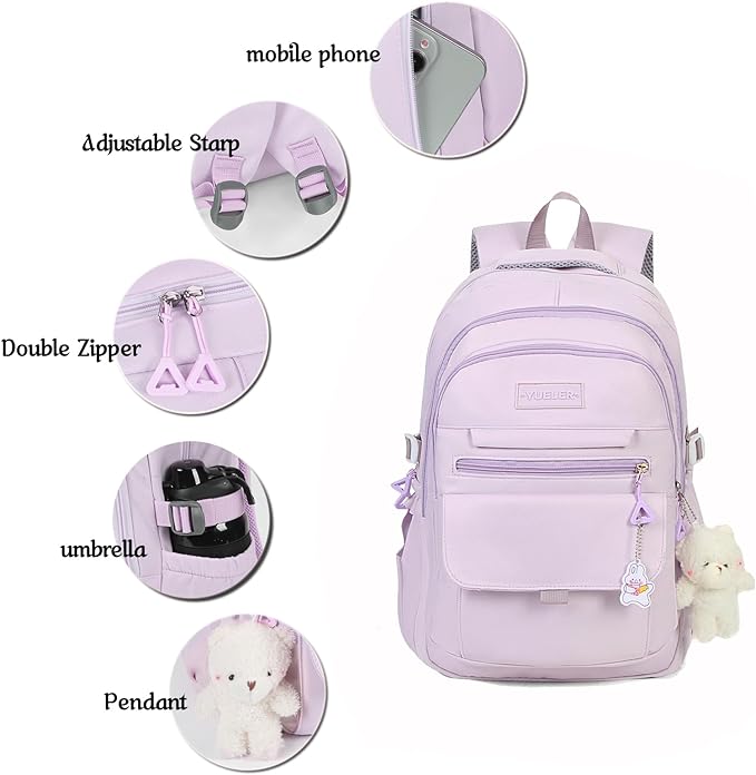 Girls Backpack for College High Middle School Student, Cute Aesthetic Bookbag for Teens Women with Accessories，Purple