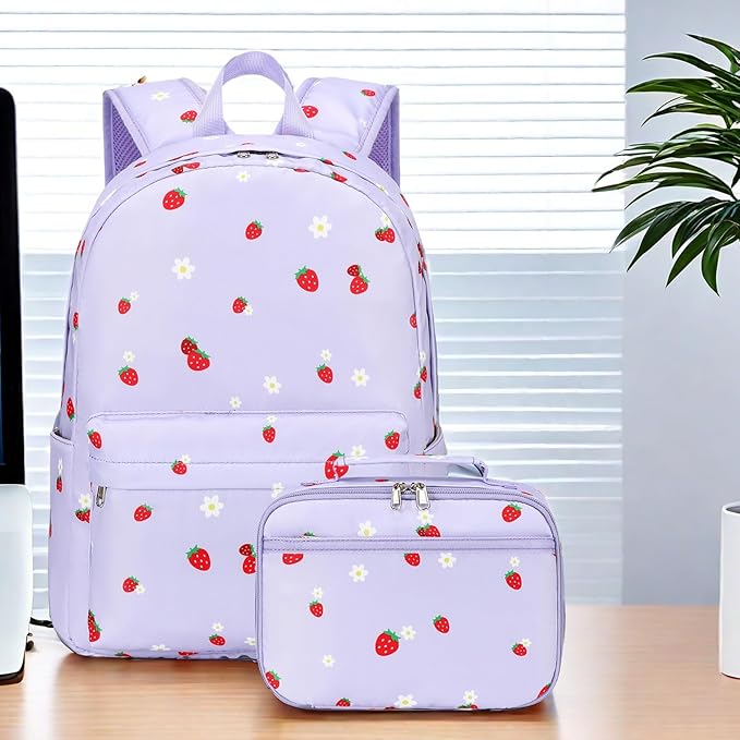 LEDAOU Kids School Backpack with Lunch Box for Girls Kindergarten Elementary BookBag School Bag Preschool Toddler Backpack(Purple Strawberry)