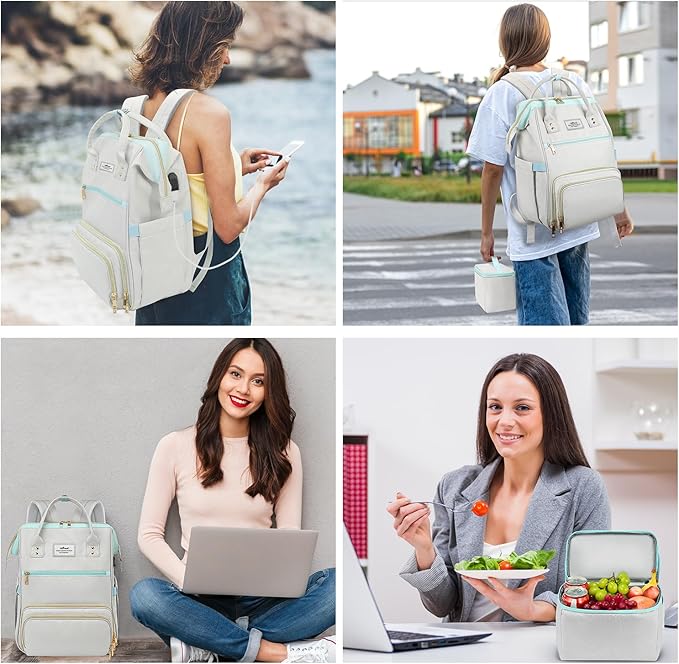 ETRONIK Lunch Backpack, 15.6 Inch Laptop Backpack with USB Port, Stylish Nurse, Teacher Work Bag with Insulated Cooler Lunch Box for Women Men, College Backpack for Travel, Grey Blue | with USB Port, Stylish, Nurse, Teacher, Work Bag