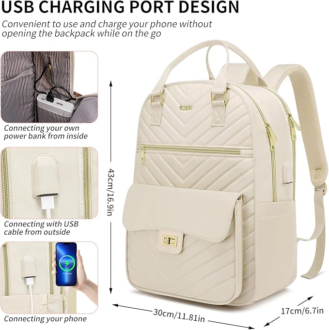 Cute Aesthetic Backpack for School Middle High,Teen Girls Schoolbag College Student,Laptop Backpack Women for Travel Work,Mochilas Escolares,Beige