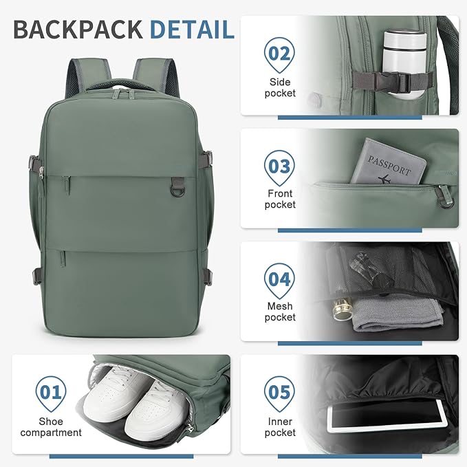 Travel Backpack for Men Women, 35L Laptop Backpack W/Shoe Compartment, Water Resistant Flight Approved Fits 15.6-inch Laptop, Grey-green