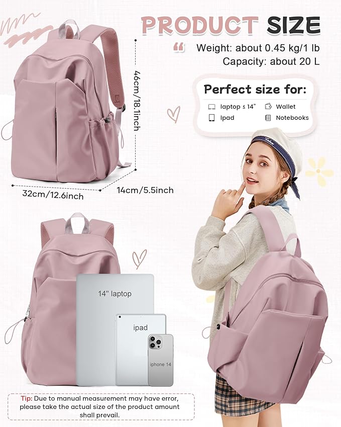 SEAFEW Small Pink School Backpack Women, Unisex Lightweight Backpack School Bag Water-resistant Casual Rucksack fits 14 inch Laptop for Boys Girls Men and Women Bookbag College Daypack for Teenage