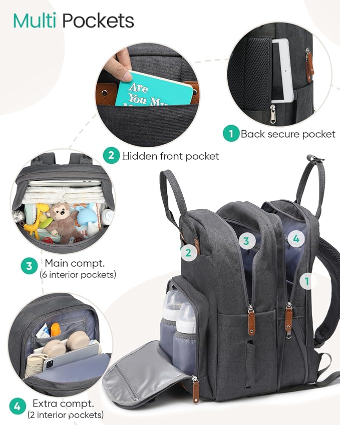 Extra Large Diaper Bag Backpack for Two Kids Twins - Expandable Baby Bag (26-36L), Dual Big Compartments - Includes Changing Pad & Stroller Straps, Unisex Dark Grey