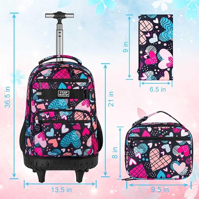 Rolling Backpack for Womens and Mens, Adults Wheeled Bookbag with Lunch Box for Girls and Boys.
