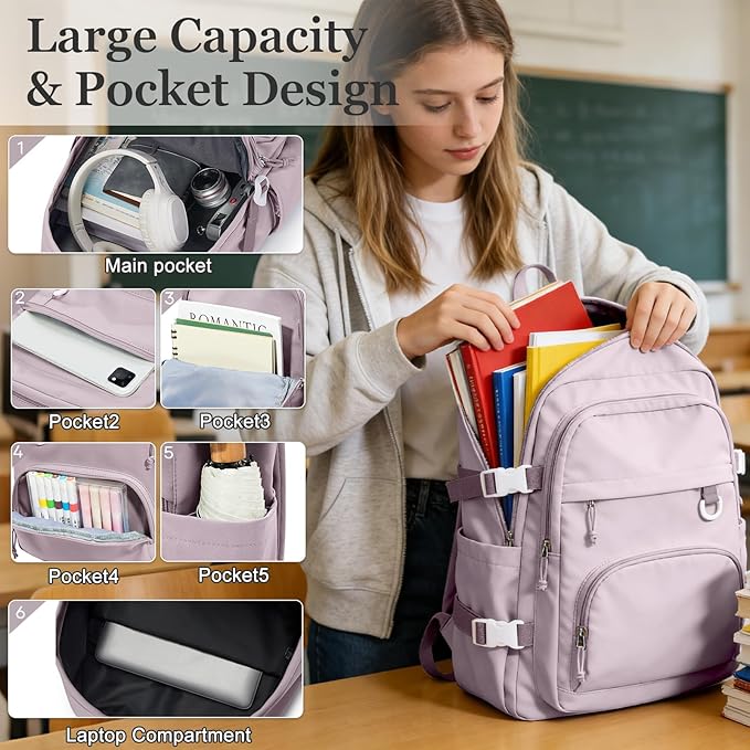 Lightweight College Backpack for Women Men Cute School Bag for Teens Girls Boys High School Backpack for Students Waterproof Casual Daypack Backpack（Purple）