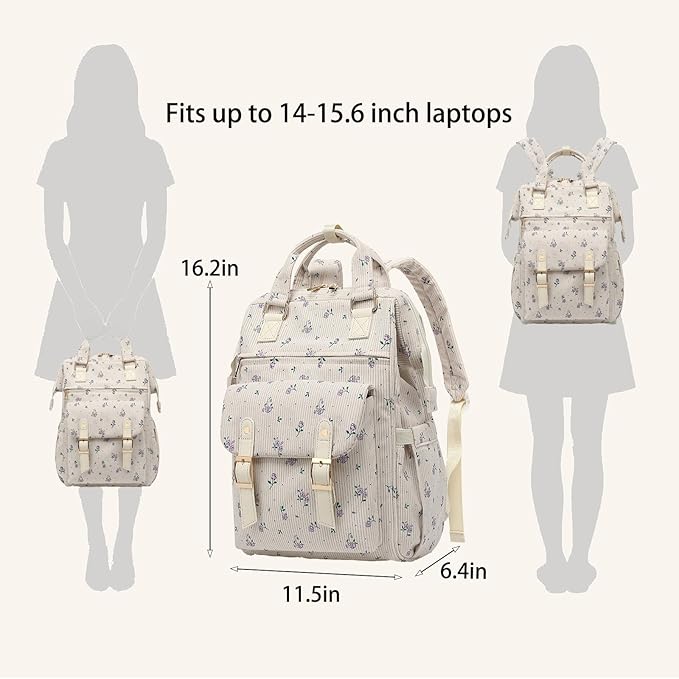 Corduroy Laptop Backpack for Women 15.6 Inch Stylish College School Bookbag, Business Work & Travel Computer Backpacks (Floral Purple)